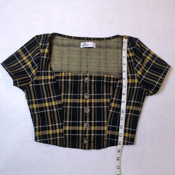 Hollister Plaid Crop Top Juniors XS Cap Sleeve Square Neck Button Black Yellow - Picture 6 of 9